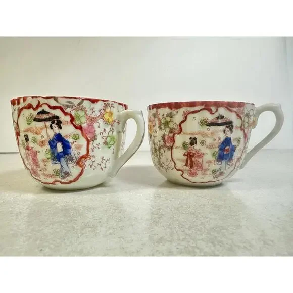 VTG Japanese Hand Painted Geisha Tea Cups & Saucers Pair Red Trim Moriage Style - Picture 7 of 7